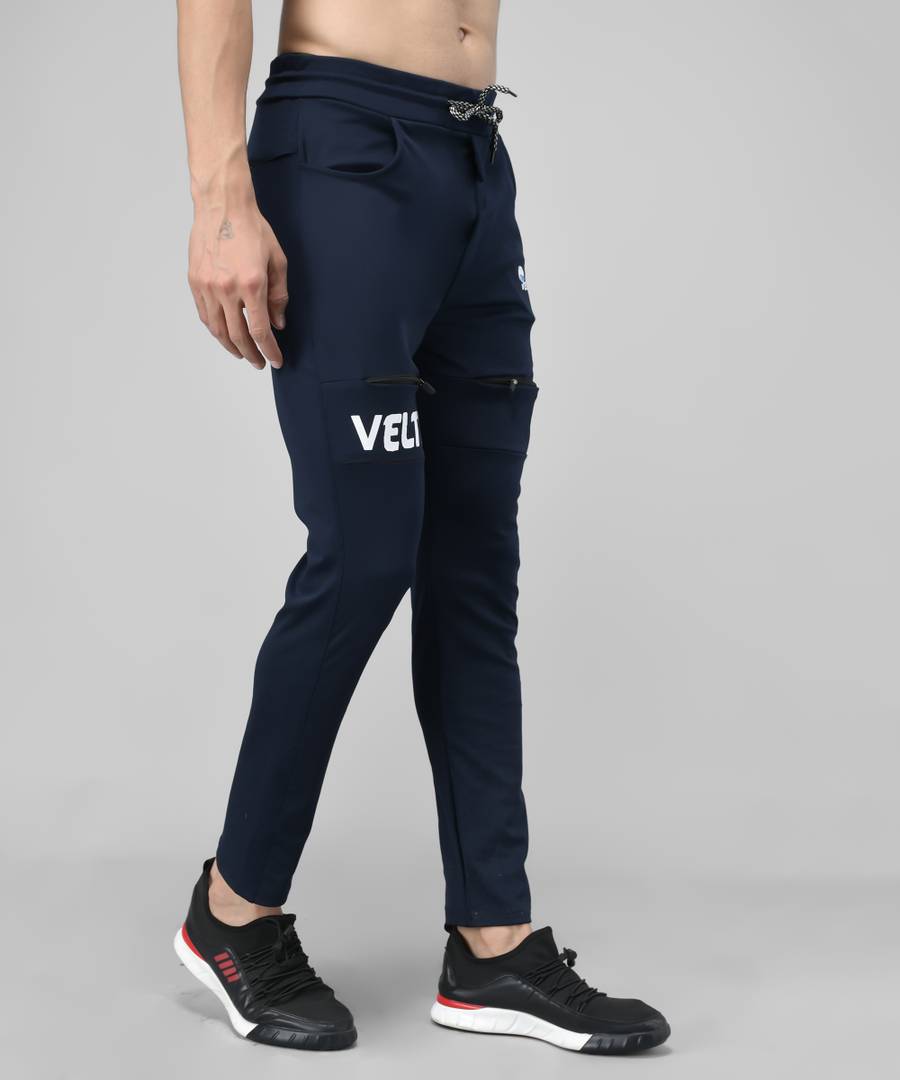 Navy Blue Cotton Spandex Solid Regular Fit Track Pants