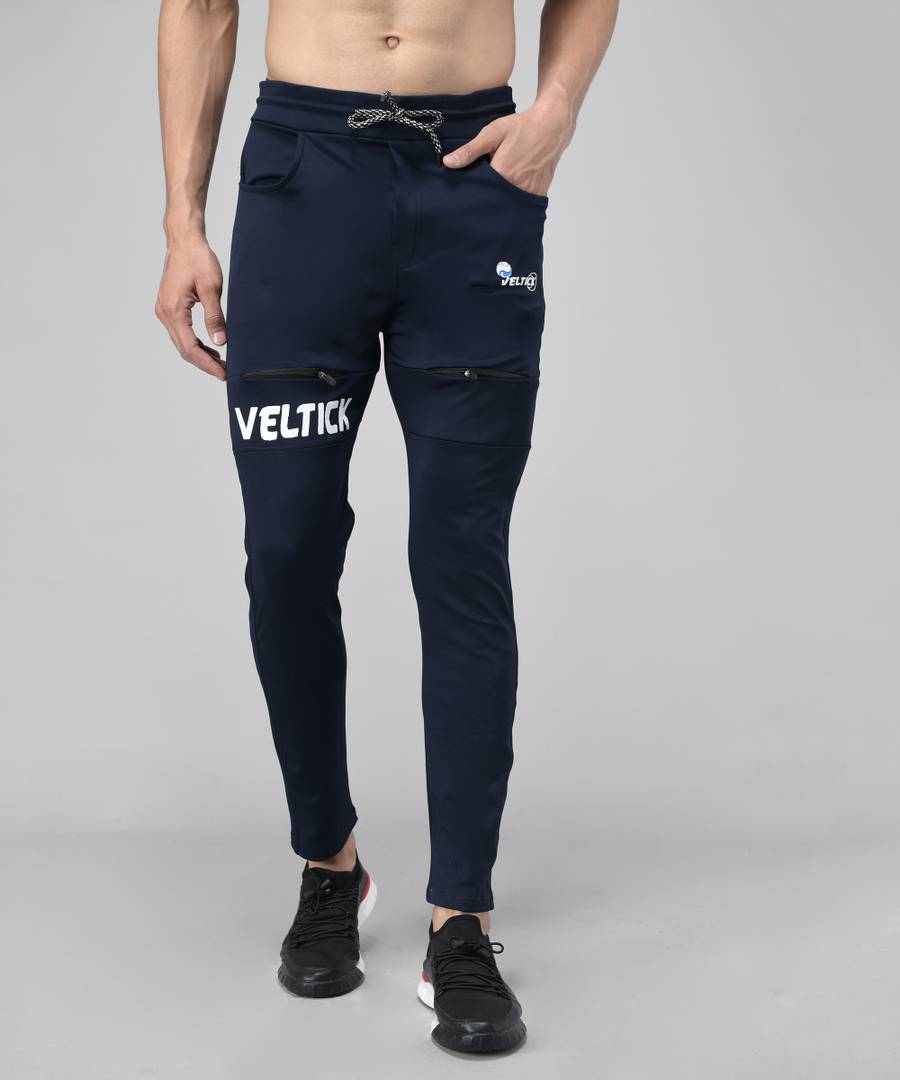 Navy Blue Cotton Spandex Solid Regular Fit Track Pants