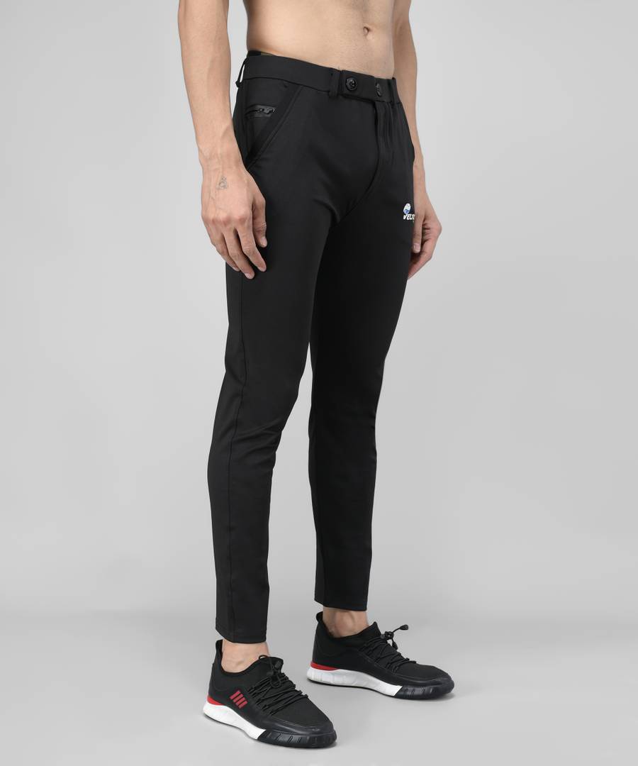 Black Cotton Spandex Solid Regular Fit Track Pants