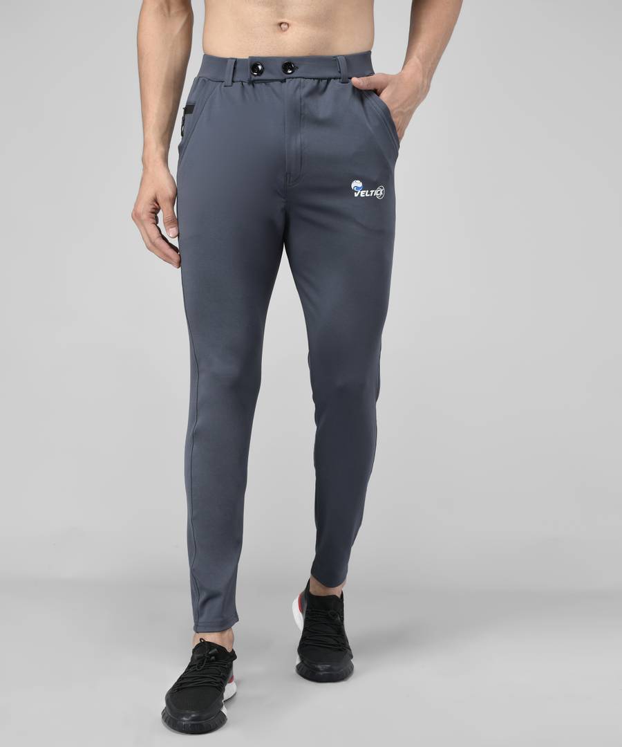 Grey Cotton Spandex Solid Regular Fit Track Pants