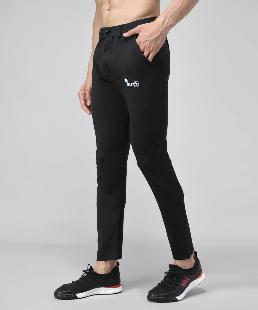 Black Cotton Spandex Solid Regular Fit Track Pants