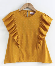 Load image into Gallery viewer, Stylish Mustard Rayon Dobby Top With Flutter Sleeves For Girls