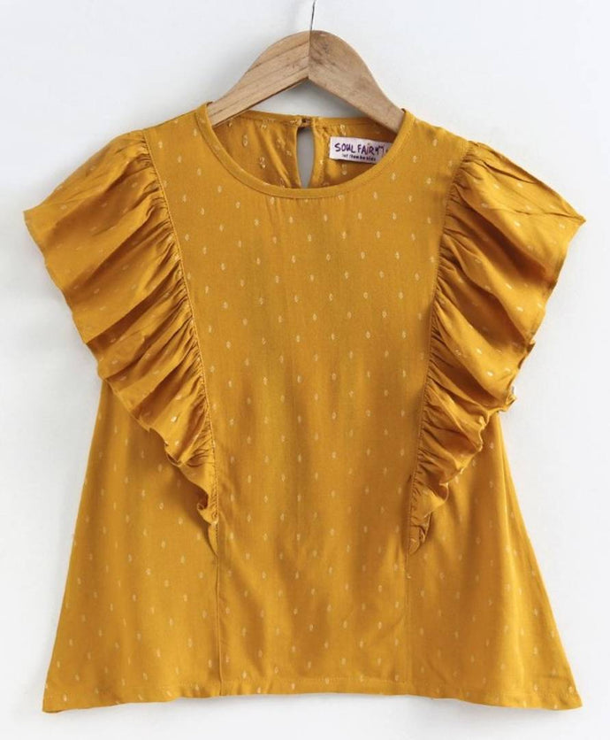 Stylish Mustard Rayon Dobby Top With Flutter Sleeves For Girls