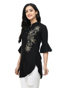 Fashionable Black Cotton Embroidered Top For Women