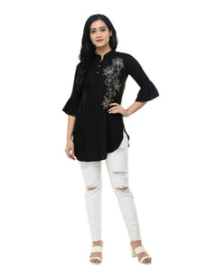 Fashionable Black Cotton Embroidered Top For Women