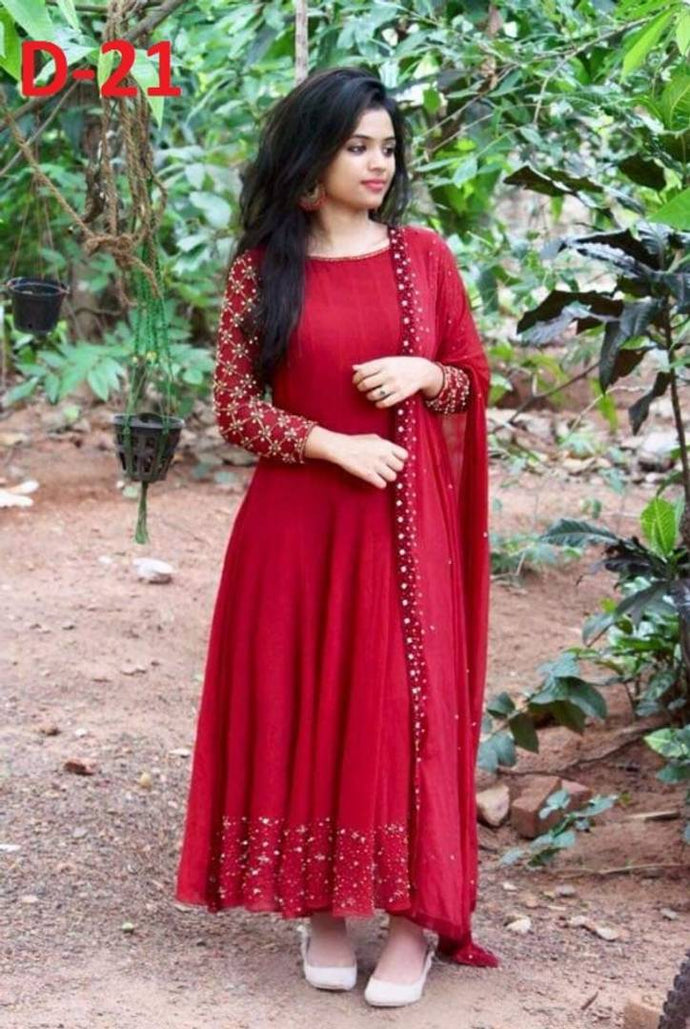 Exclusive Red Georgette Pearl Work Ethnic Gown With Dupatta For Women