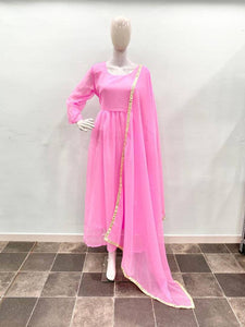 Women's Pink Georgette Embroidered Ethnic Gown with Dupatta