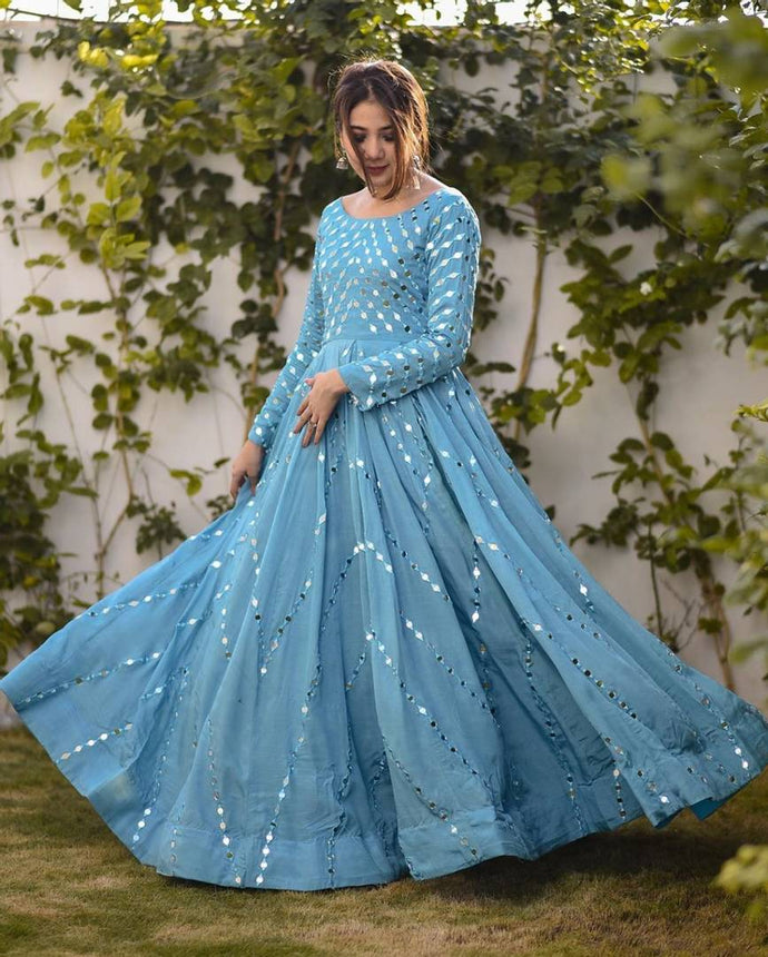 Women's Blue Silk Embroidered Ethnic Gown