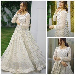 Women's Off White Georgette Embroidered Ethnic Gown