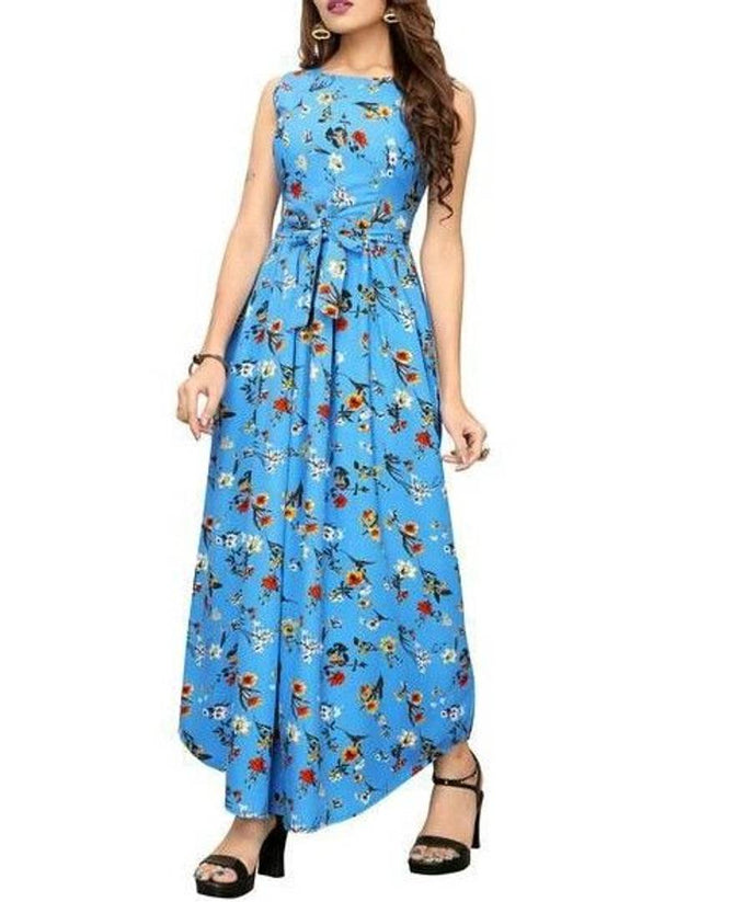 Women's Blue Crepe Printed Ethnic Gown