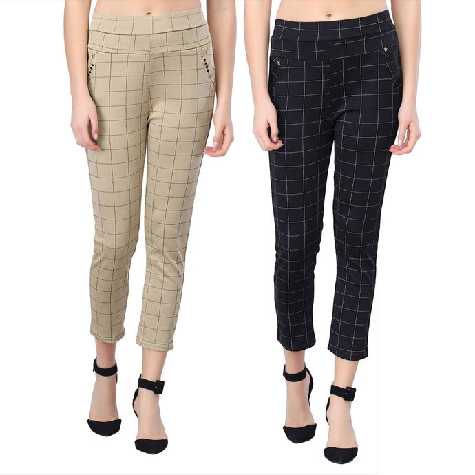 Beige Black Cotton Lycra Checkered Women Pant-Pack of 2