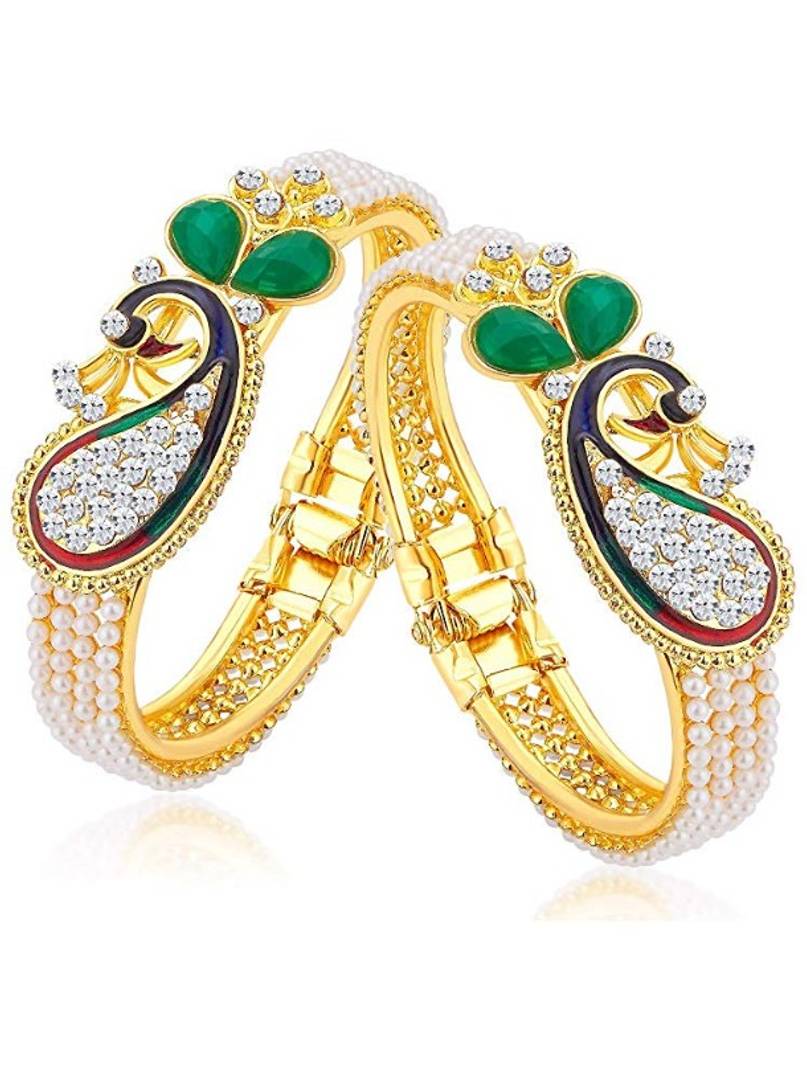 Gold Plated Meenakari Peacock Design Pearl Cuff Kada Bangle
