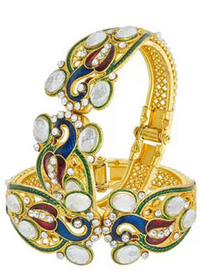 Gold Plated Meenakari Peacock Design Pearl Cuff Kada Bangle