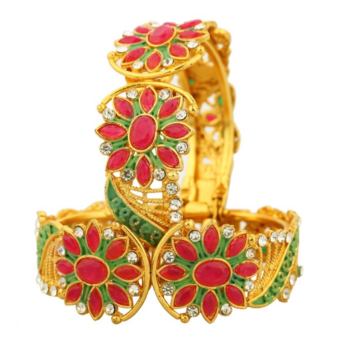 Gold Plated Meenakari Peacock Design Pearl Cuff Kada Bangle