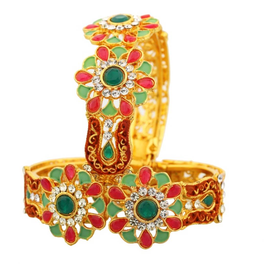 Gold Plated Meenakari Peacock Design Pearl Cuff Kada Bangle