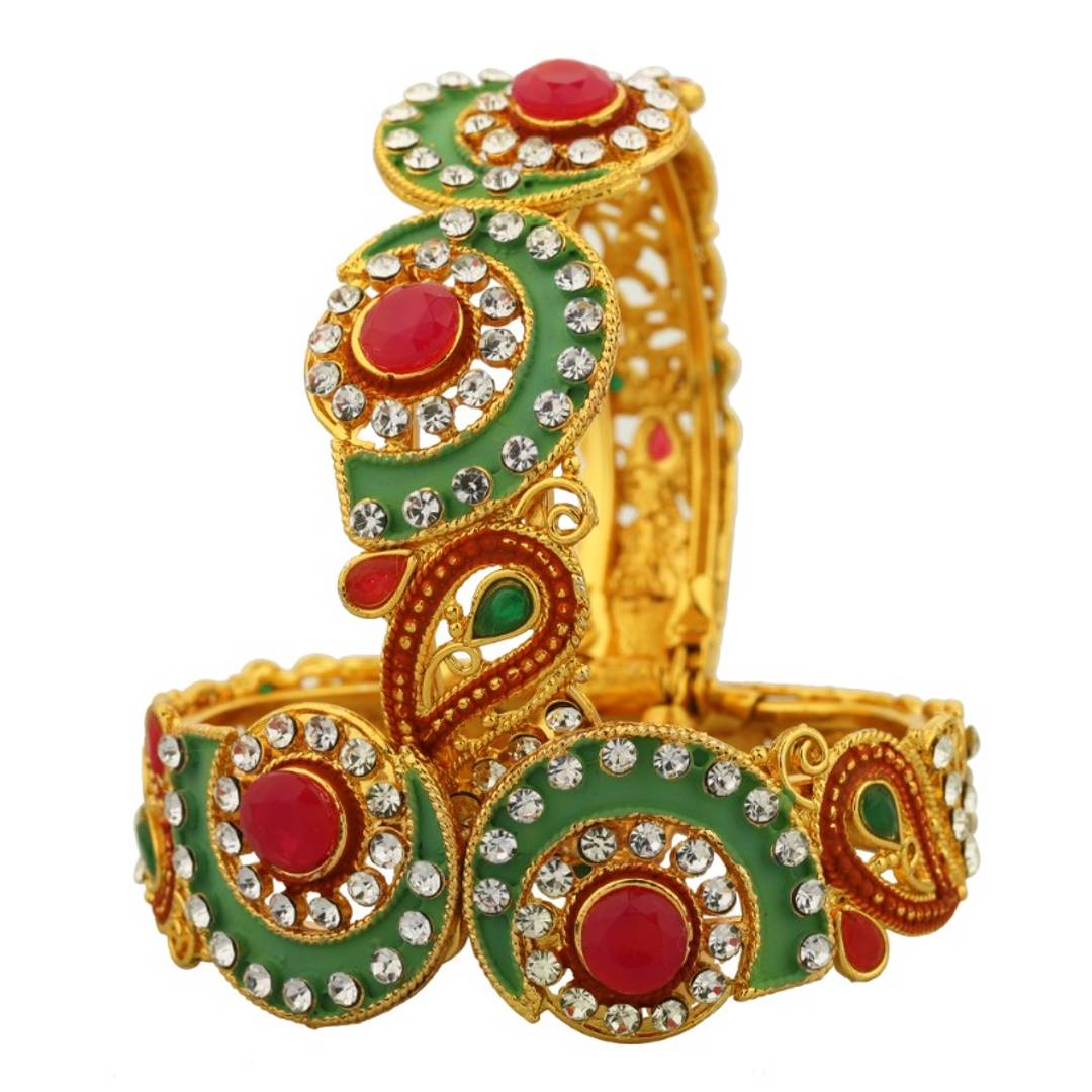 Gold Plated Meenakari Peacock Design Pearl Cuff Kada Bangle