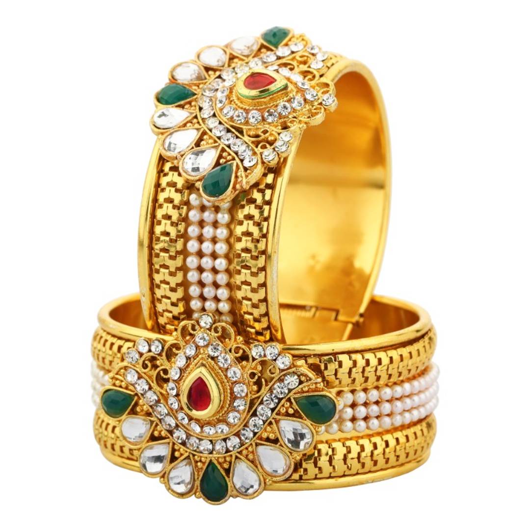 Gold Plated Meenakari Peacock Design Pearl Cuff Kada Bangle