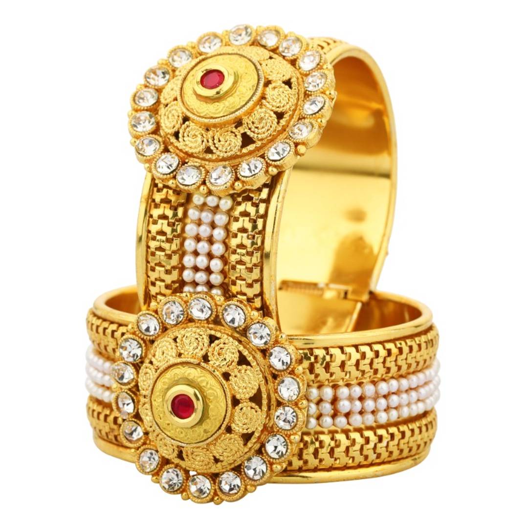 Gold Plated Meenakari Peacock Design Pearl Cuff Kada Bangle