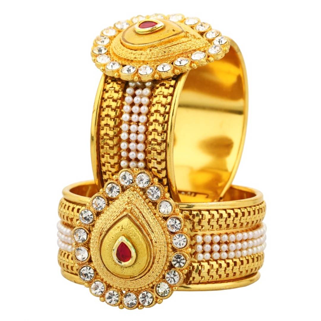 Gold Plated Meenakari Peacock Design Pearl Cuff Kada Bangle