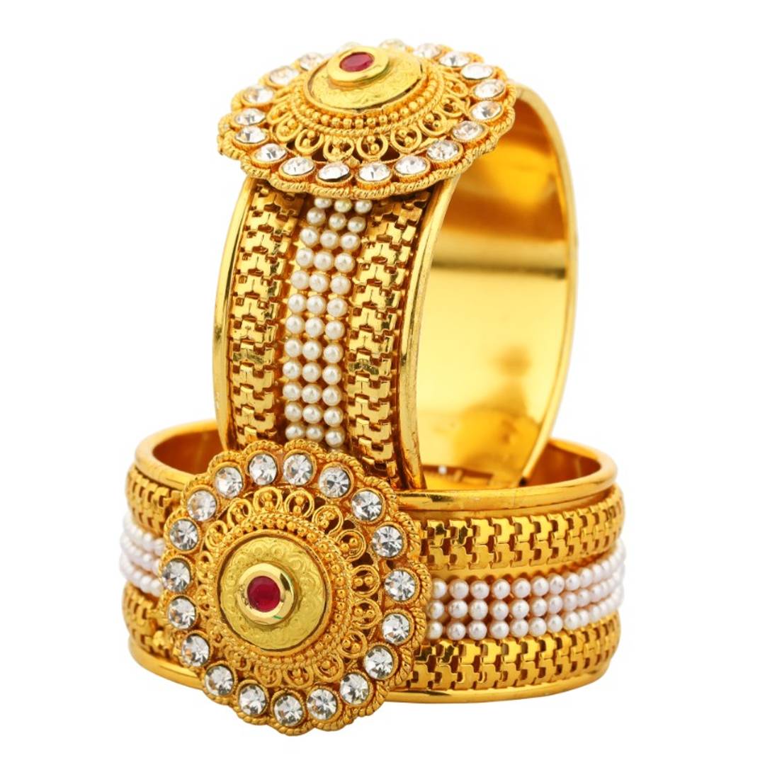 Gold Plated Meenakari Peacock Design Pearl Cuff Kada Bangle