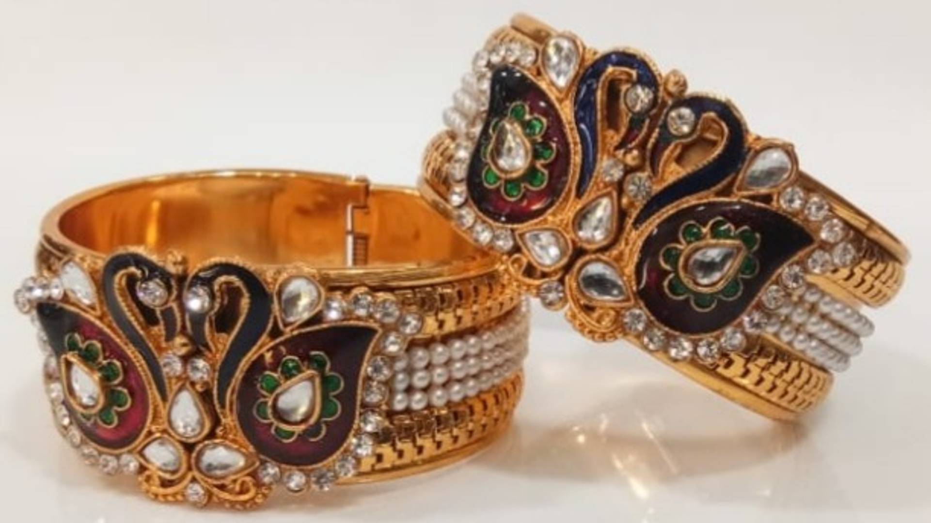 Gold Plated Meenakari Peacock Design Pearl Cuff Kada Bangle