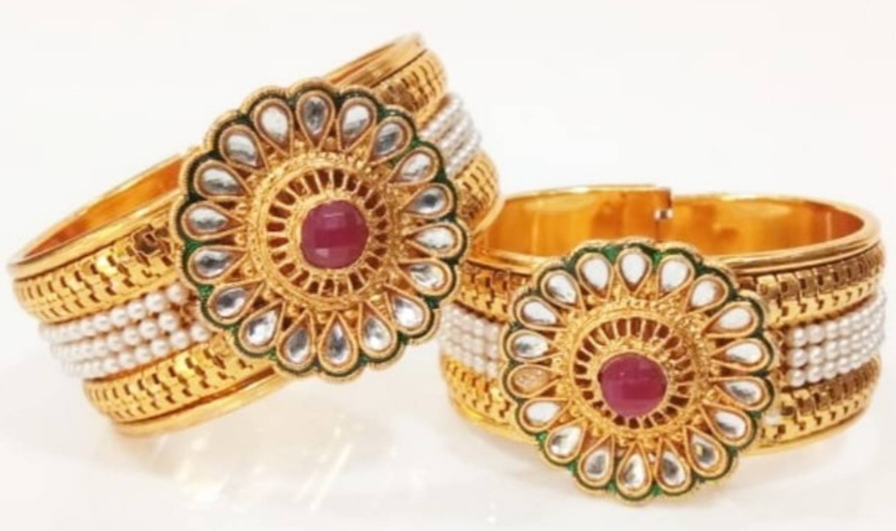 Gold Plated Meenakari Peacock Design Pearl Cuff Kada Bangle