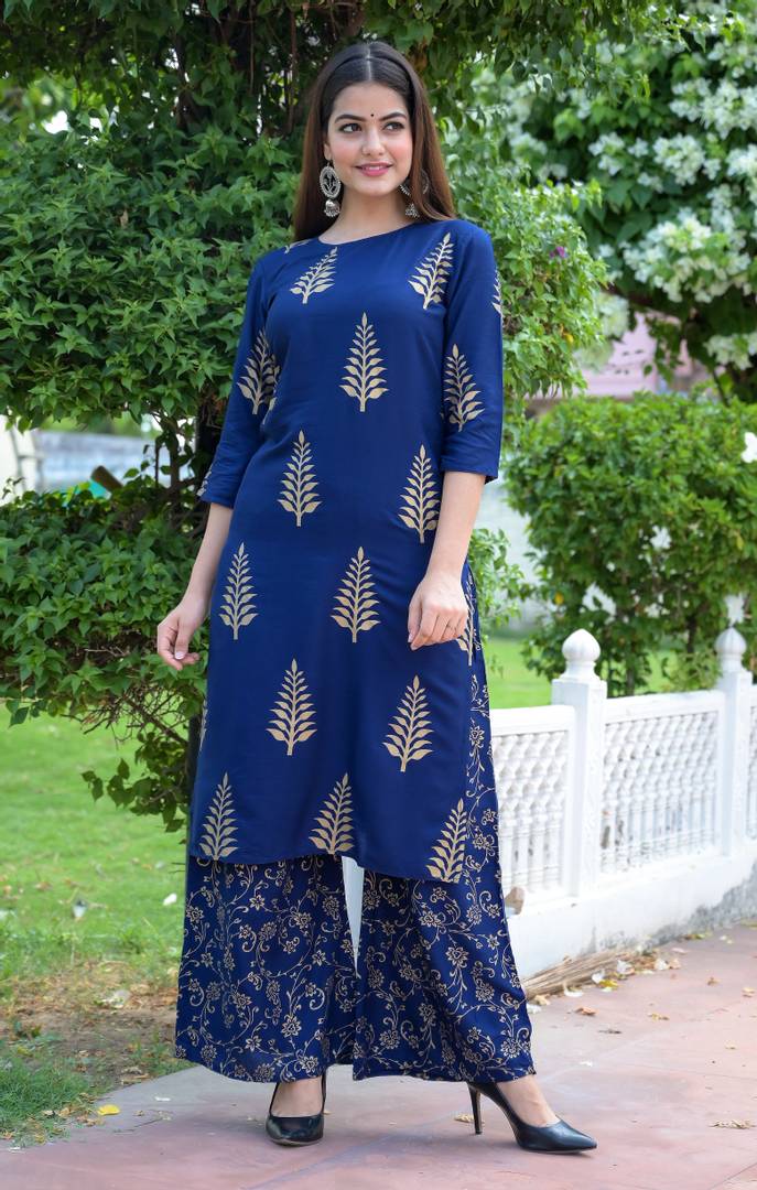 Stylish Rayon Blue Printed Kurta With Palazzo And Dupatta Set