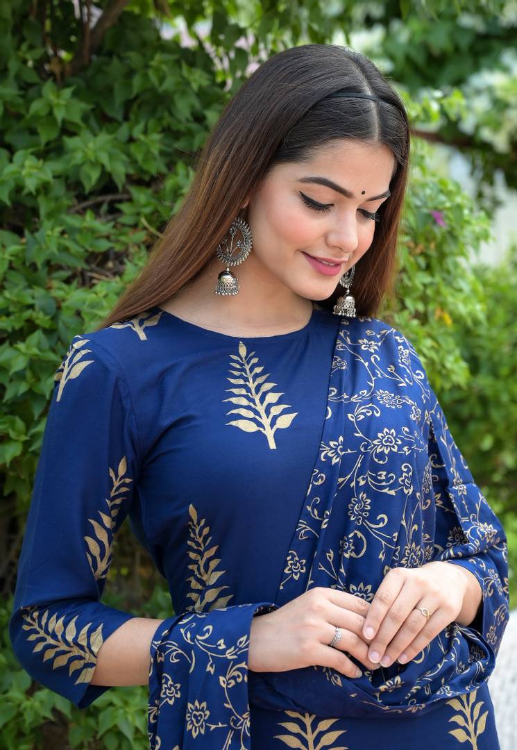 Stylish Rayon Blue Printed Kurta With Palazzo And Dupatta Set