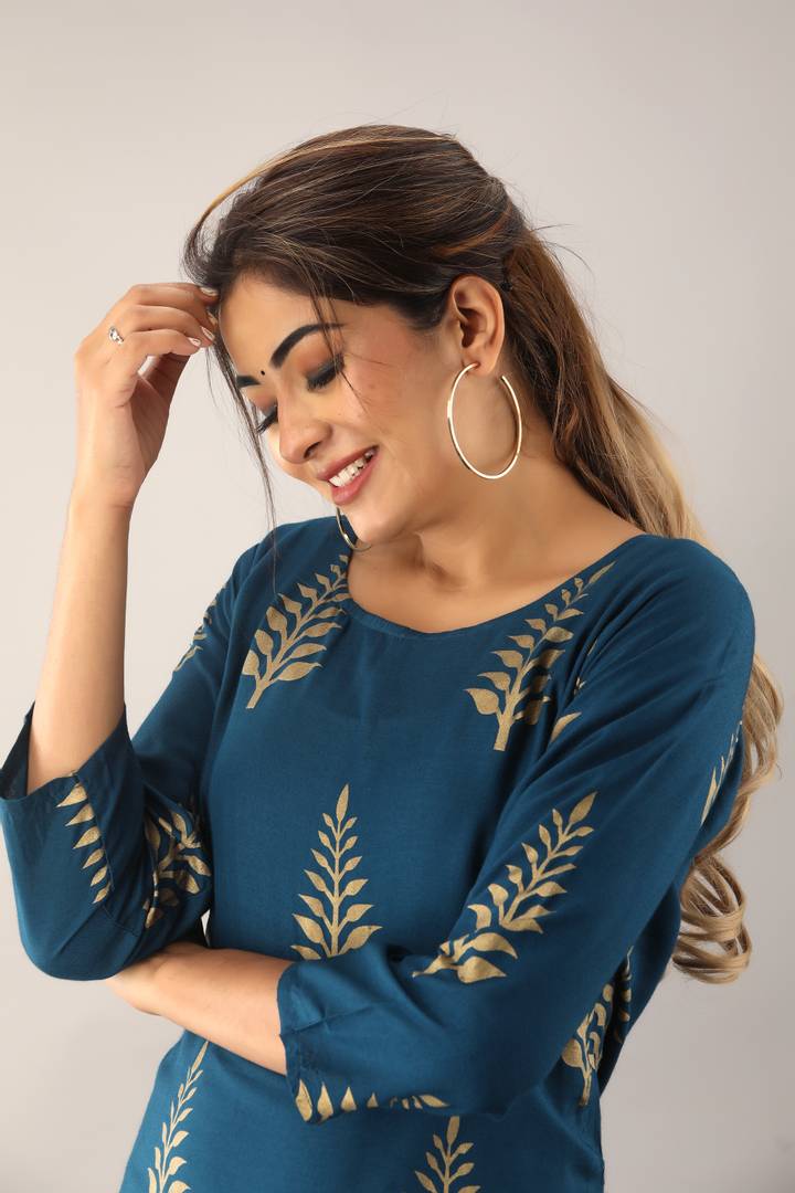 Stylish Rayon Teal Printed Kurta With Palazzo And Dupatta Set