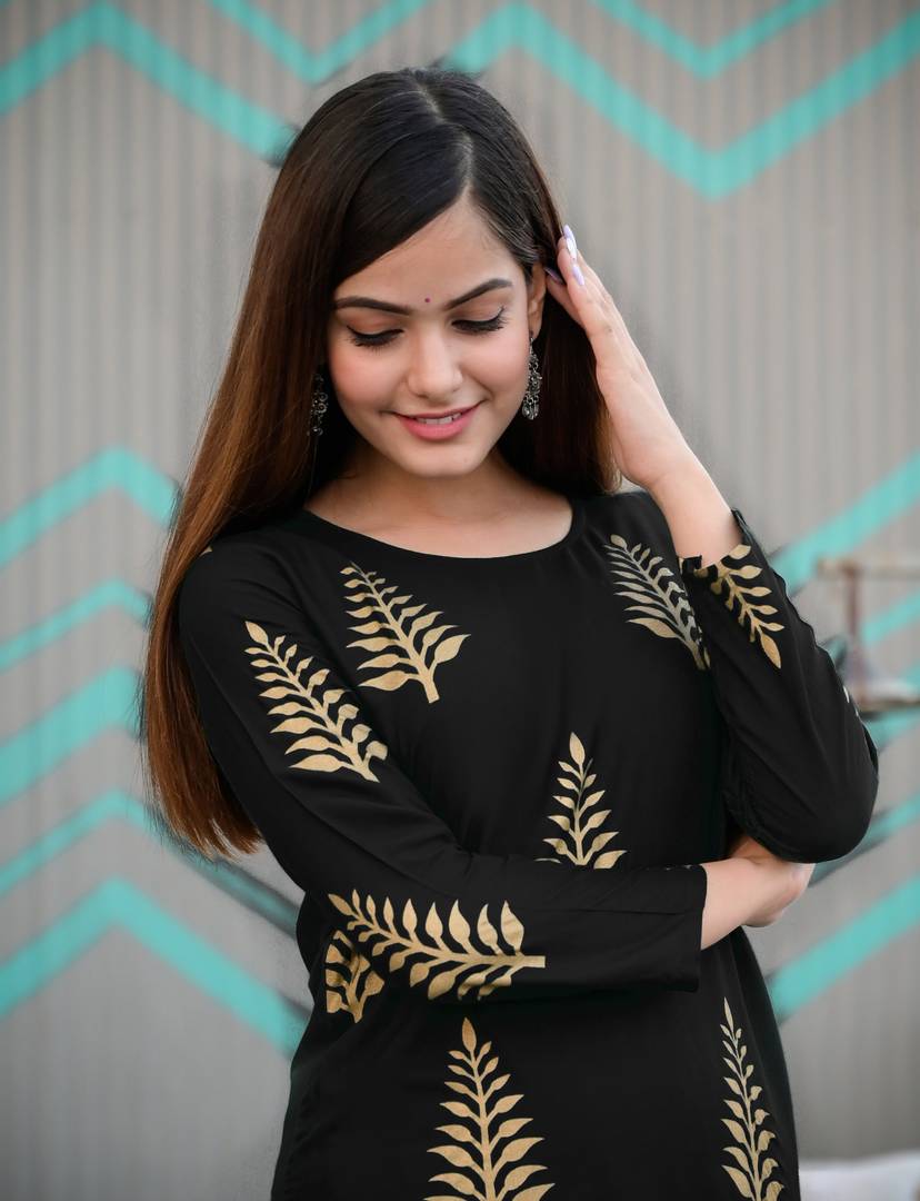 Stylish Rayon Black Printed Kurta With Palazzo And Dupatta Set