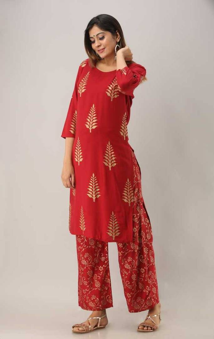 Stylish Rayon Red Printed Kurta With Palazzo And Dupatta Set
