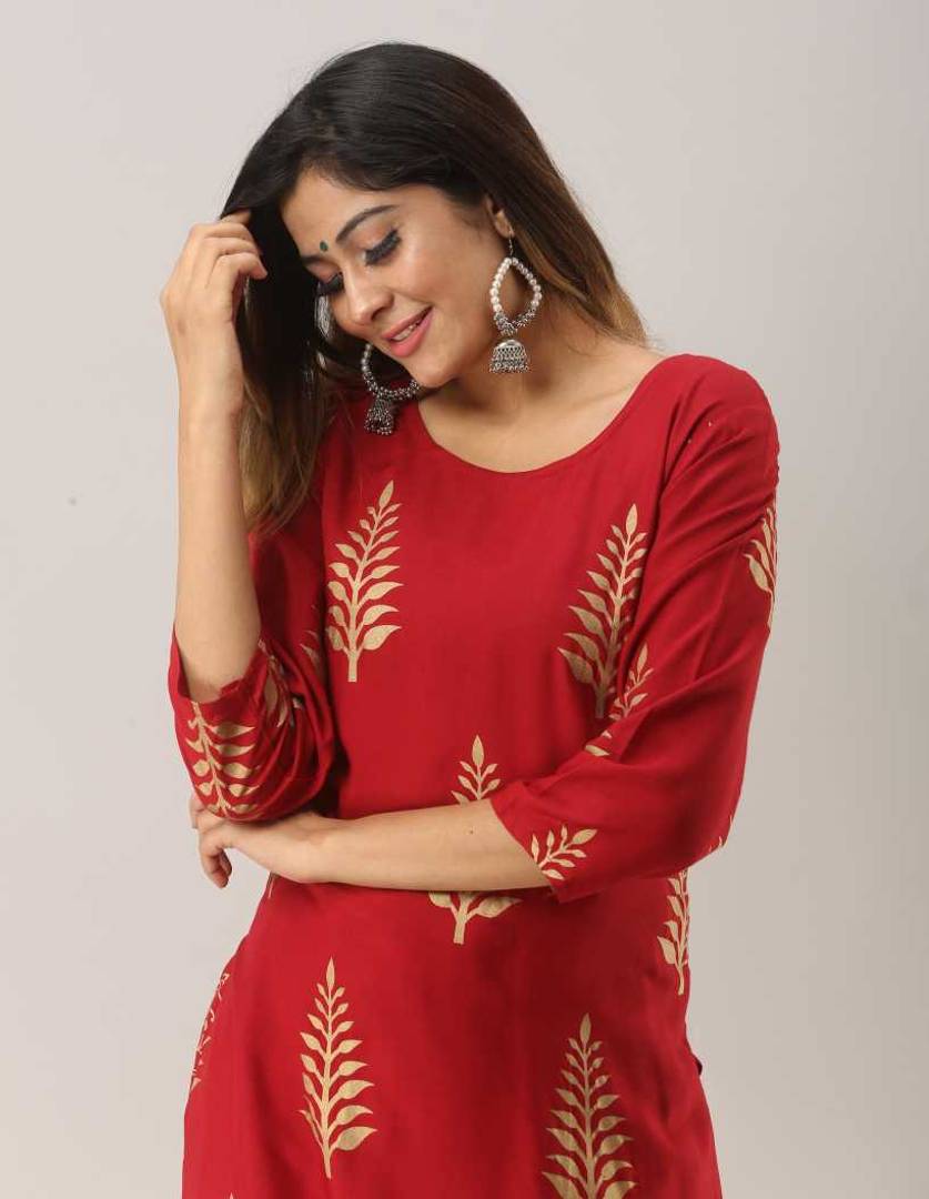 Stylish Rayon Red Printed Kurta With Palazzo And Dupatta Set