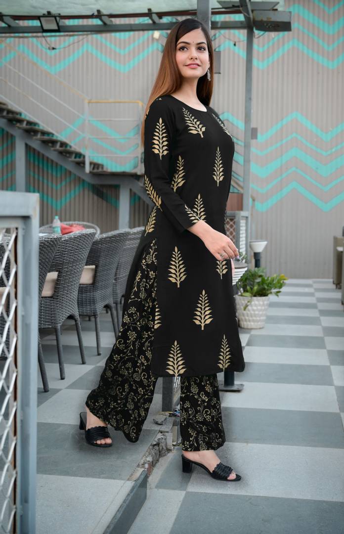 Stylish Rayon Black Printed Kurta With Palazzo And Dupatta Set