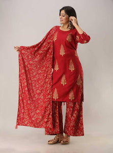 Stylish Rayon Red Printed Kurta With Palazzo And Dupatta Set