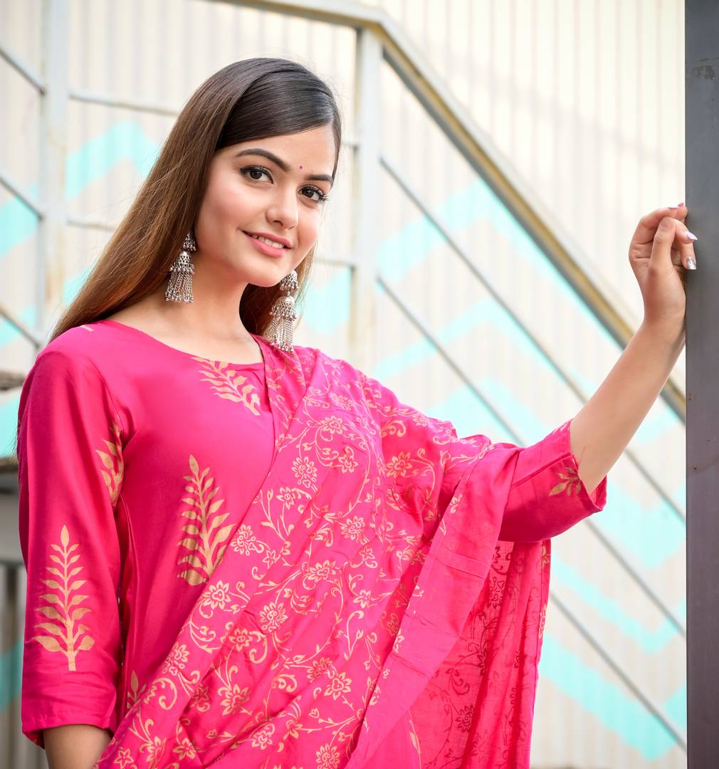 Stylish Rayon Pink Printed Kurta With Palazzo And Dupatta Set