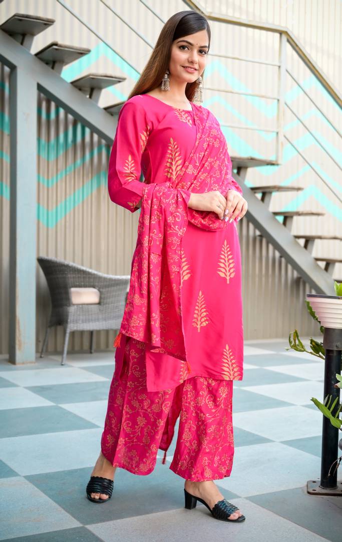 Stylish Rayon Pink Printed Kurta With Palazzo And Dupatta Set