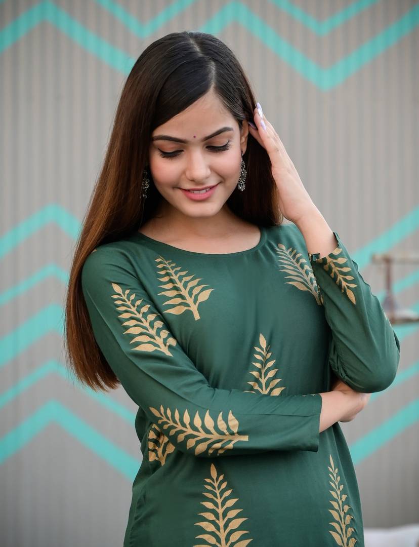 Stylish Rayon Green Printed Kurta With Palazzo And Dupatta Set