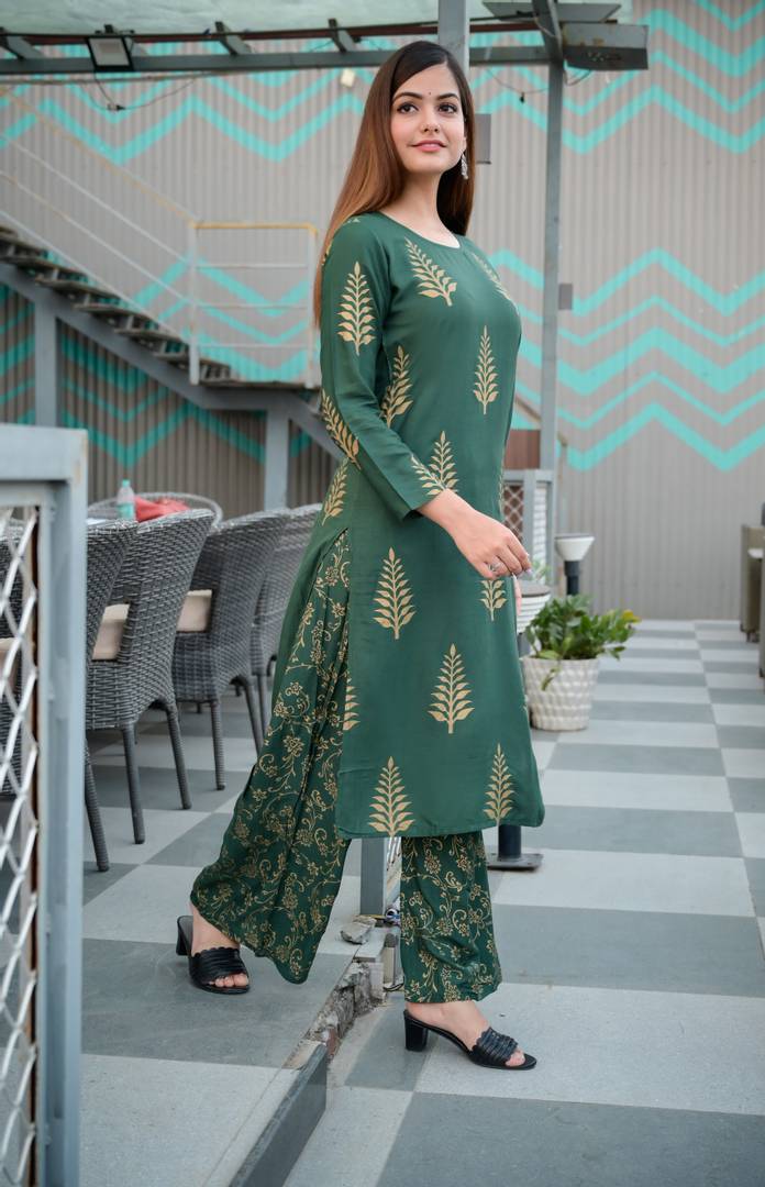 Stylish Rayon Green Printed Kurta With Palazzo And Dupatta Set
