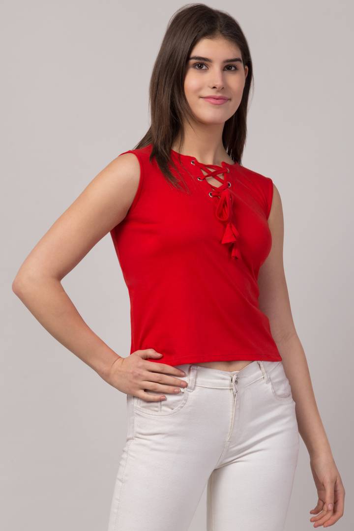 Sleeveless Red Color Regular Length Trendy Women Top