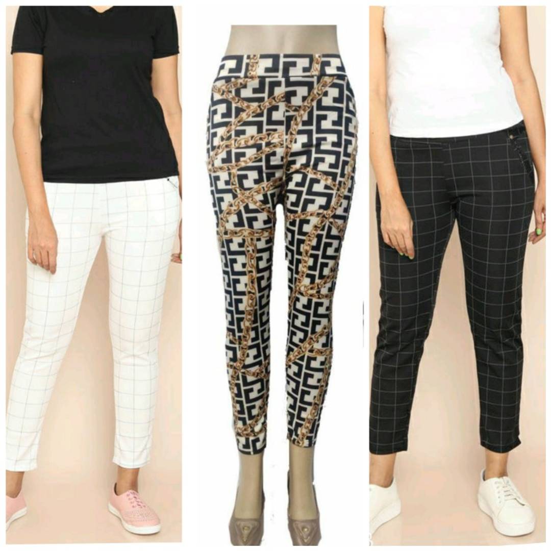 Women's Combo Of 2 Check Jegging and 1 party wear jegging