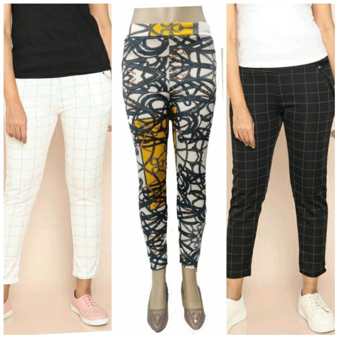 Women's Combo Of 2 Check Jegging and 1 party wear jegging