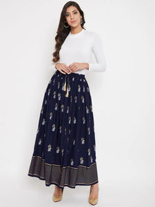 Trendy Navy Blue Printed Rayon Skirt For Women