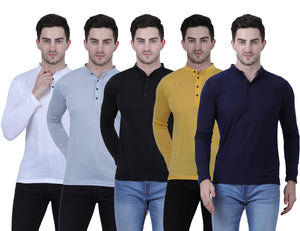 Men's Multicoloured Cotton Blend Solid Henley Tees (Pack of 5)