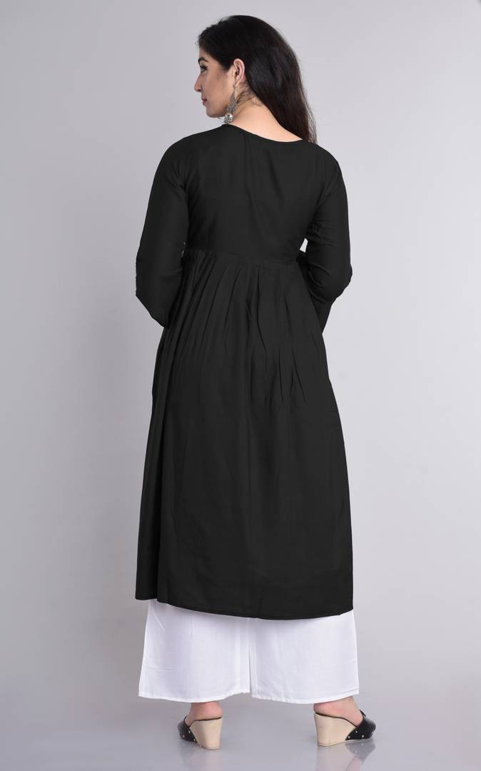 Stylish Rayon Black Solid Anarkali Kurta With Palazzo And Dupatta Set