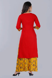 Elegant Red Rayon Printed Straight Kurta With Palazzo Set For Women
