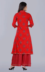 Elegant Red Rayon Printed A-Line Kurta With Palazzo Set For Women