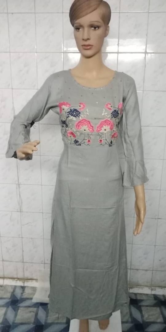 Stylish Rayon Rayon Grey Bell Sleeves Embroidered Ethnic Gown