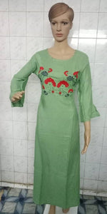 Stylish Rayon Rayon Green Bell Sleeves Embroidered Ethnic Gown