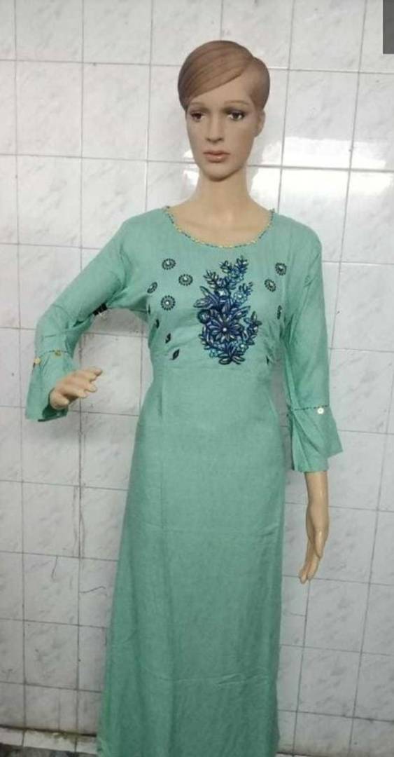 Stylish Rayon Turquoise Embroidered Bell Sleeves Ethnic Gown For Women