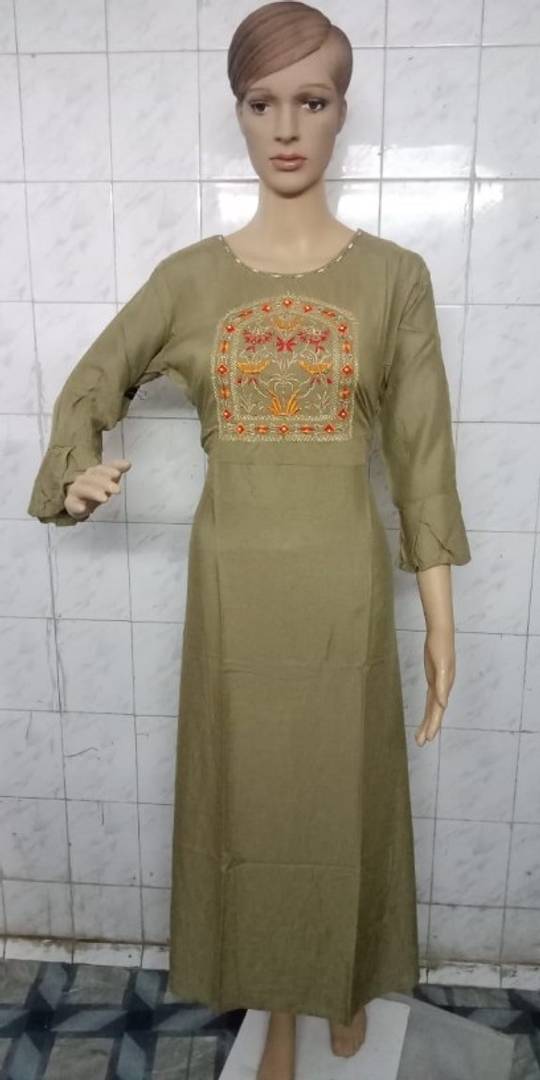 Stylish Rayon Khaki Embroidered Bell Sleeves Ethnic Gown For Women